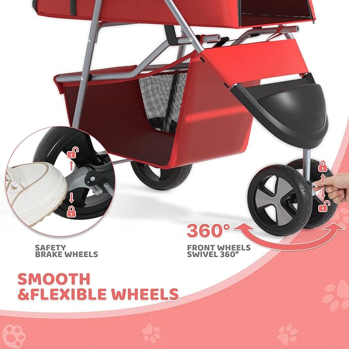 Magshion 3-Wheel Pet Stroller, Foldable Travel Jogger for Small & Medium Dogs & Cats (Up to 33lbs), Lightweight Carrier with Breathable Mesh Cover, Cup Holder & Storage Basket, Red