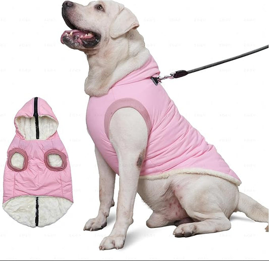 Fleece Lining Dog Hoodie with Harness Built in,Extra Warm Large Dog Jacket in Winter Doggie Coats with Hooded,Light Pink XXL
