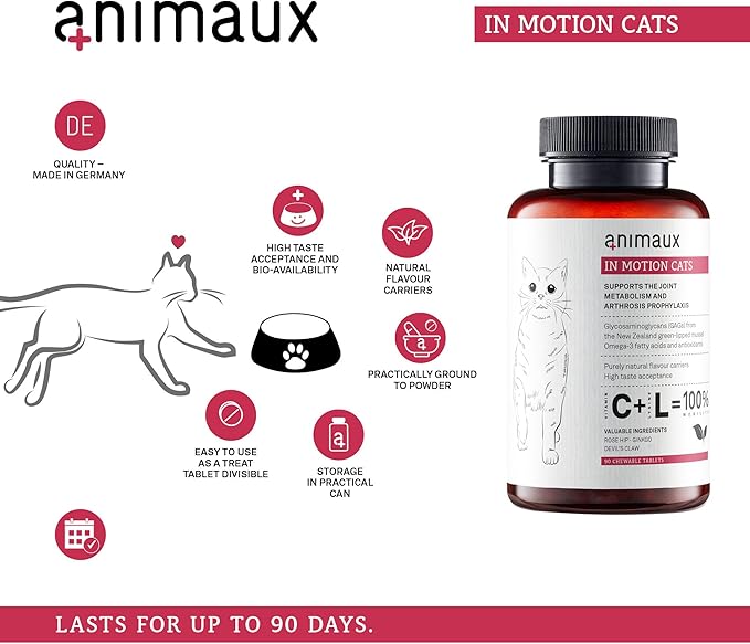 animaux - in Motion Cats, Green-lipped Mussel, Devil's Claw, Rose Hip & Ginkgo, Support for Bones, Joints, Cartilage, tendons, with Hyaluron, Collagen, 90 chewable Tablets, 90 Days Supply