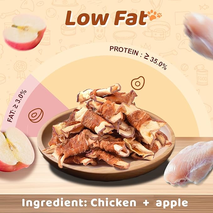 Chicken & Apple Wrapped Dog Treats, Healthy Natural Apple & Chicken Jerky Wraps, Grain & Gluten Free Chewy Dog Training Treats for Small Medium Large Dogs, 10.58oz