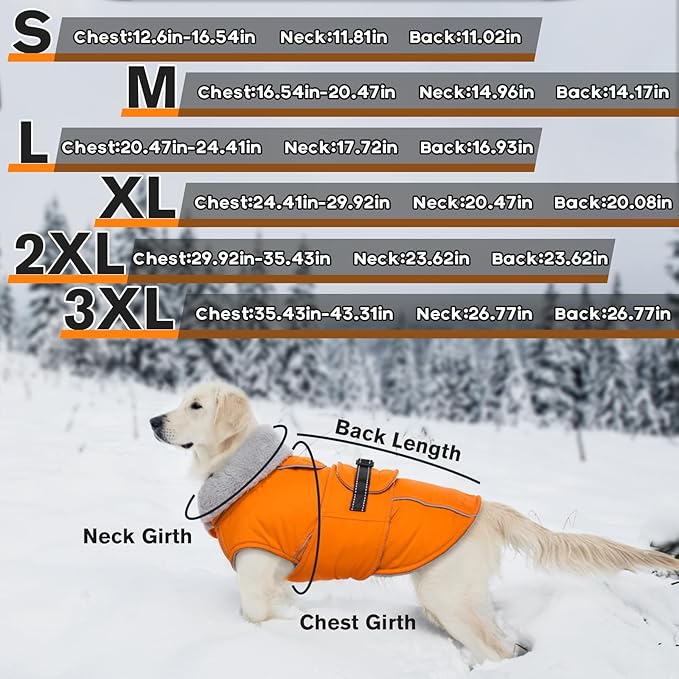 Lelepet Warm Dog Coat Reflective Fleece Vest Waterproof Dog Jacket with Adjustable Buckle Hook & Loop Windproof Cold Weather Coats for Small Medium Large Dogs, Orange, L