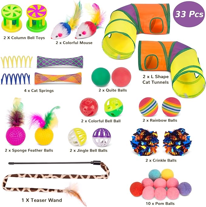 Retro Shaw Cat Toys Kitten Toys, Cat Tunnels Toy for Indoor Cats Kitty, Interactive Cat Tube Tent Feather Wand Teaser Bell Fuzzy Ball Springs Mouse (33 Pcs Large Cat Tunnel Toys Set)