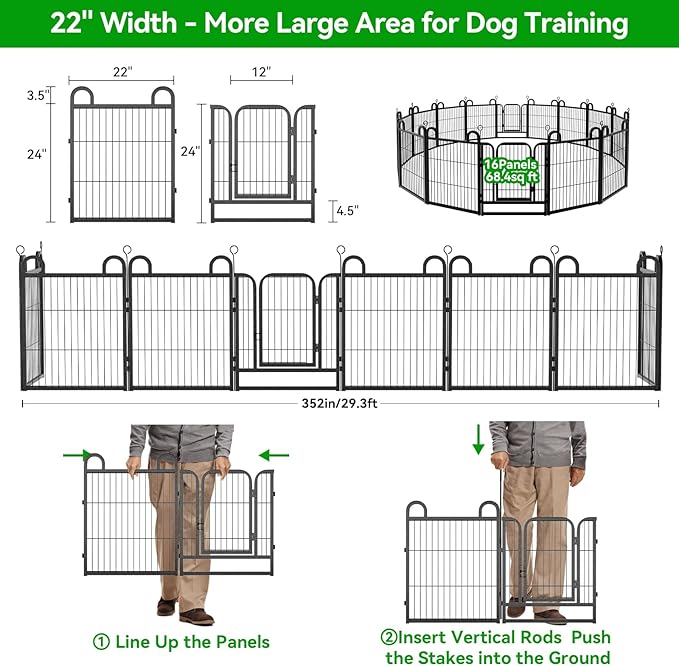 Puppy Playpen 16 Piece Panels Small Dog Fence Outdoor Indoor Use 24" Height Anti-Rust with Doors Portable Dog Play Pen for RV Camping Yard, Total 29FT, 68 Sq.ft, Snowy Black