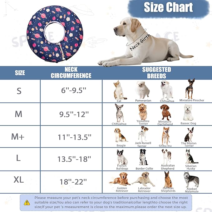 Inflatable Dog Cone Collar,Waterproof Soft Dog Donut Cone for Large Medium Small Dogs Cats, Recovery Pet E-Collar Alternatives After Surgery (Planet, Medium+)