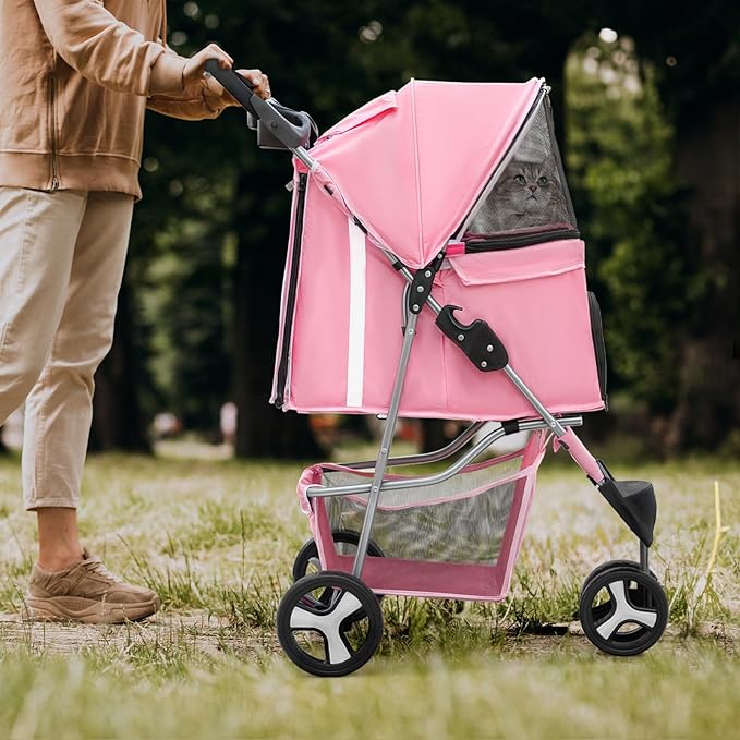 Magshion 3-Wheel Pet Stroller, Foldable Travel Jogger for Small & Medium Dogs & Cats (Up to 33lbs), Lightweight Carrier with Breathable Mesh Cover, Cup Holder & Storage Basket, Pink