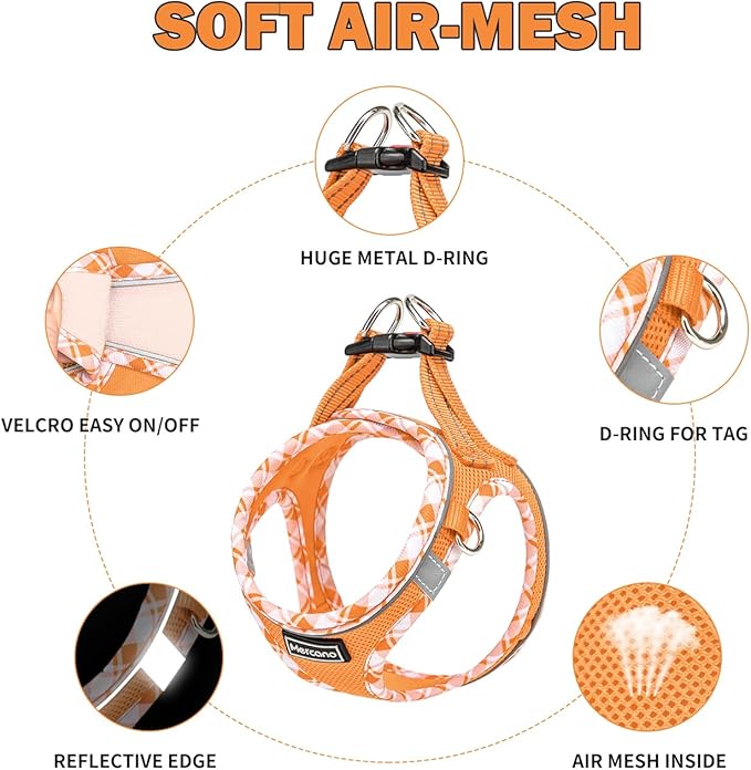Mercano Soft Mesh Dog Harness and Leash Set, No-Chock Step-in Reflective Breathable Lightweight Easy Walk Vest Harnesses with Safety Buckle for Small Dogs, Cats (Orange, XXS)