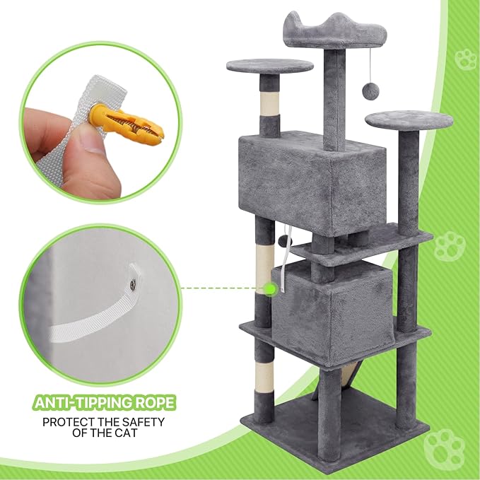 Magshion Cat Tree 60" Cats Tower for Indoor Cats, Multi-Level Cat Condo with Scratching Post, Top Perch, Sisal Board and Dangling Ball, Cat Stand Jumping Platform Kittens Pet Play House (Smoke Grey)