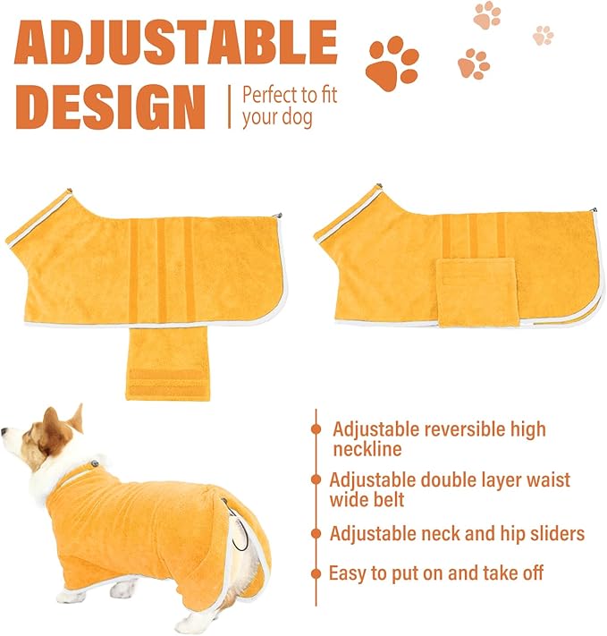 Dog Robe - Fast Drying Towel - Microfiber Super Absorbent Pet Bathrobe, Adjustable Collar & Belly Strap (Yellow, Medium)
