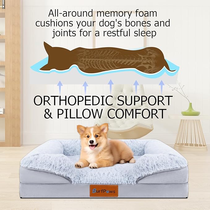 Orthopedic Dog Bed with Memory Foam - Luxurious Plush Surface, Removable & Washable Cover, Non-Slip Bottom, Dog Sizes (Large)