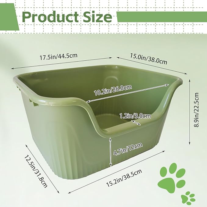 Large Cat Litter Box with High Sides,17.5"x15"x8.9" Open Top Cat Litter Pan Anti Splashing Non-Stick Litter Tray Low Entry Cat Litter Boxes Jumbo Kitty Litter Toilet Easy Clean for Cats(Green)