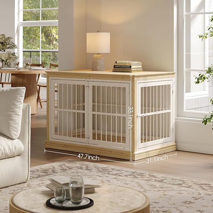 48 in Solid Wood Dog Furniture Crate for Dogs-Large Dog Crate Sideboard and TV Stand, Large, Wood Dog Crate Kennel-(White+Natural)