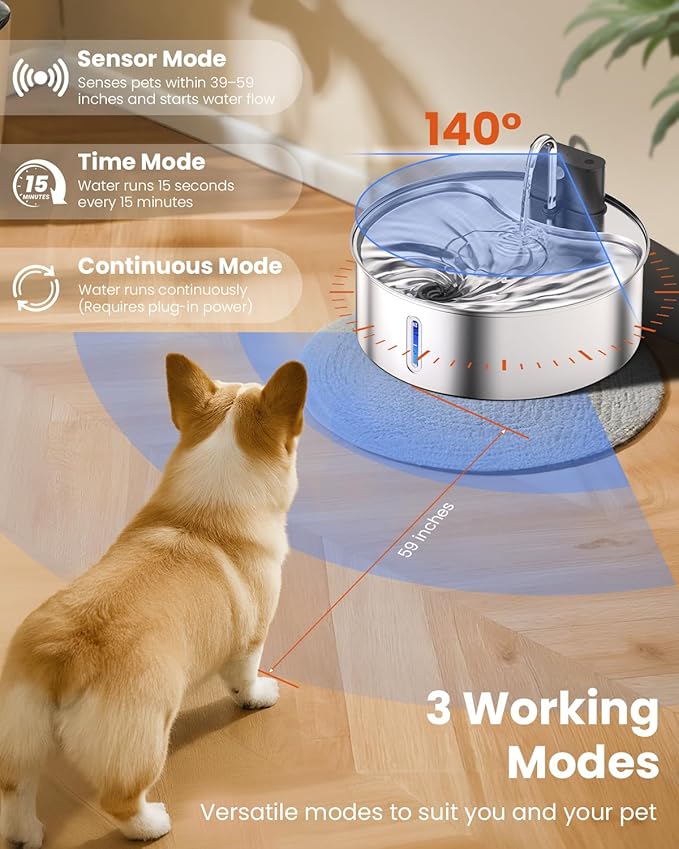 Wireless Dog Water Fountain Stainless Steel with Sensor 12L/3.2Gal Cordless Automatic Water Dispenser Quiet Pump BPA-Free Automatic Cat for Drinking, Easy Clean for Cats Dogs Pets