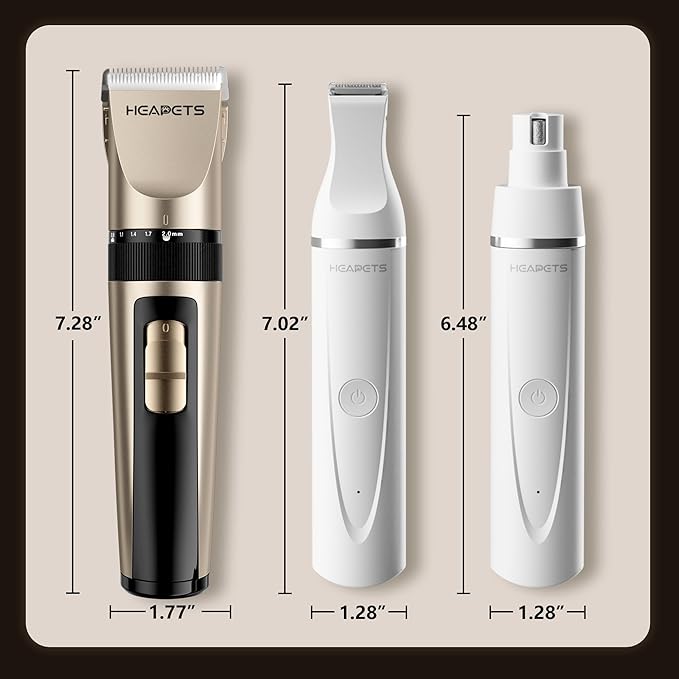 Dog Hair Clippers for Grooming Kit and Dog Paw Trimmer Nail Grinder for Grooming, Low Noise Rechargeable Cordless, Shaver Grooming Supplies for Pet Cats Dogs (Gold, White)