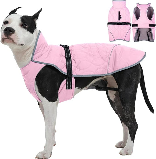 IDOMIK Dog Winter Jacket, Adjustable Waterproof Dog Warm Coat with Fleece Lining, Turtleneck Windproof Cold Weather Coats for Winter, Reflective Warm Snow Jacket for Border Collie Husky,Pink,L