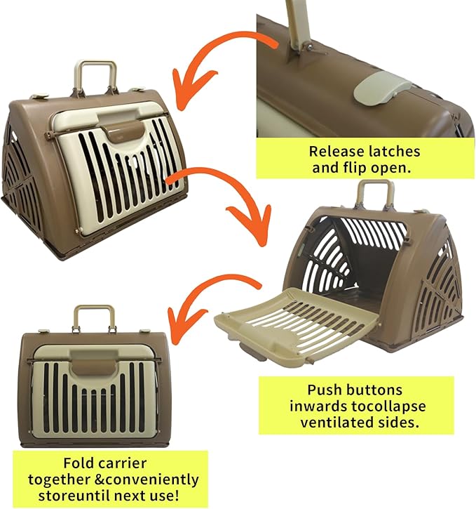 Foldable Travel Cat Carrier, Small Cat Carrier Hard Up to 25lbs, 18" Lx14.5 Wx14 H Front Open Type Plastic Cat Carriers, Beige + Coffee