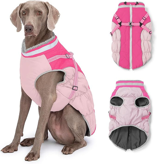Dog Winter Coat with Harness, Dog Jacket, Pet Clothes with Zipper on Back, Waterproof Windproof Warm Vest, Reflective Cold Weather Coats, for Small Medium Large Dogs, Thick, Pink, 2XL