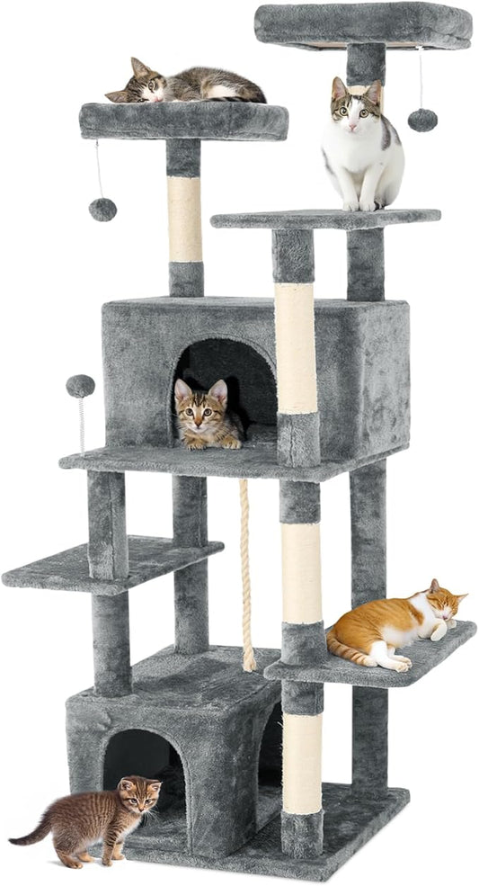 69-Inch Tall Cat Tree with Huge Condos, Multi-Functional Cat Tower with Top Perches, Scratching Posts, Pompoms, for Climbing, Lounging and Playing (Grey)