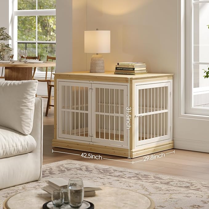 Dog Crate Furniture for Dogs - 42inch Large Dog Crate Sideboard and TV Stand, Solid Wood Chew-Proof and Silent Latches Design for Large and Medium Dogs, Wood Dog Kennel-(White+Natural)