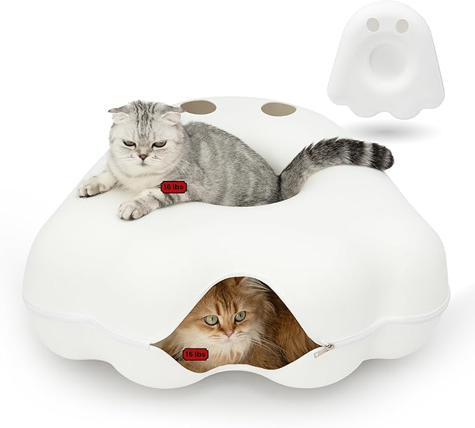 Cattasaurus Gothic Halloween Peeka-Boo Cat Cave, Extra Spacious for Multiple & Large Cats 15+ lbs, Scratch Detachable Cat Beds for Indoor Cats, Washable Tunnel Bed (White Ghost, Jumbo)