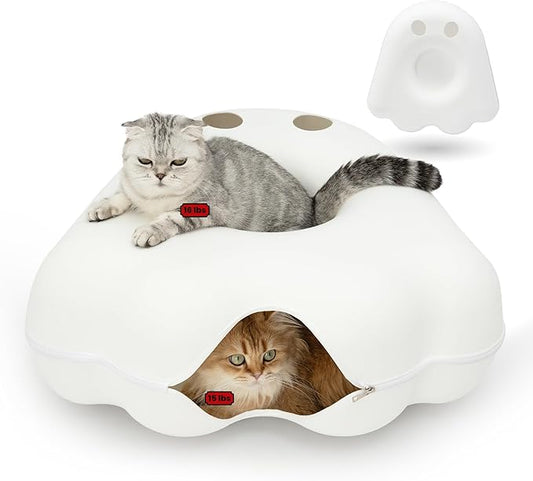 Cattasaurus Gothic Halloween Peeka-Boo Cat Cave, Extra Spacious for Multiple & Large Cats 15+ lbs, Scratch Detachable Cat Beds for Indoor Cats, Washable Tunnel Bed (White Ghost, Jumbo)