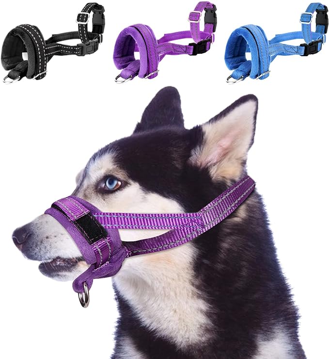 SlowTon Soft Dog Muzzle, Adjustable Padded Nylon Muzzle for Large Medium Dogs Anti Chewing Barking Biting, Allow Dog Pant & Drink (Purple, L)