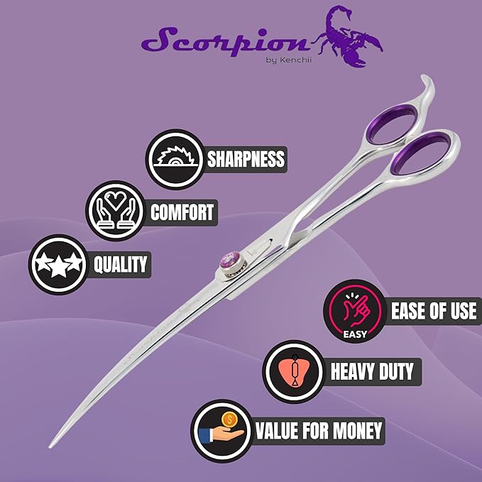 Kenchii Scorpion 8 Inch, Curved Grooming Scissors for Dogs and Pets - Premium Steel Scissors for Dog Grooming - Dog Shears Pet Grooming Accessories - Pet Hair Trimming Scissor