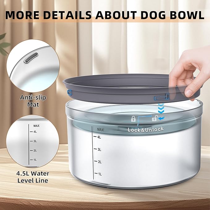 Decflow 1.2Gallon Dog Water Bowl No Spill, 4.5L Large Capacity Spill Proof Dog Bowls with Transparent Floating Disk, No Splash Slow Drinking Water Bowls for Sloppy Messy Drinkers (Gray)