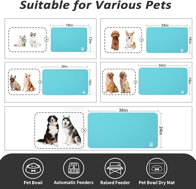 Pet Feeding Mat - Absorbent Dog Mat for Food and Water, No Stains Cat Bowl Mat, Easy to Clean Pet Placemats, Quick Dry Dog Water Dispenser Mat for Messy Drinkers | Paw Teal 12"x 19"