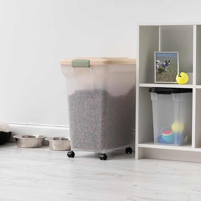 IRIS USA WeatherPro Airtight Dog Food Storage Container, Up to 58 lbs, Attachable Wheels, For Dog Cat Bird and Other Pet Food Storage Bin, Keep Fresh, Translucent Body, Clear/Almond