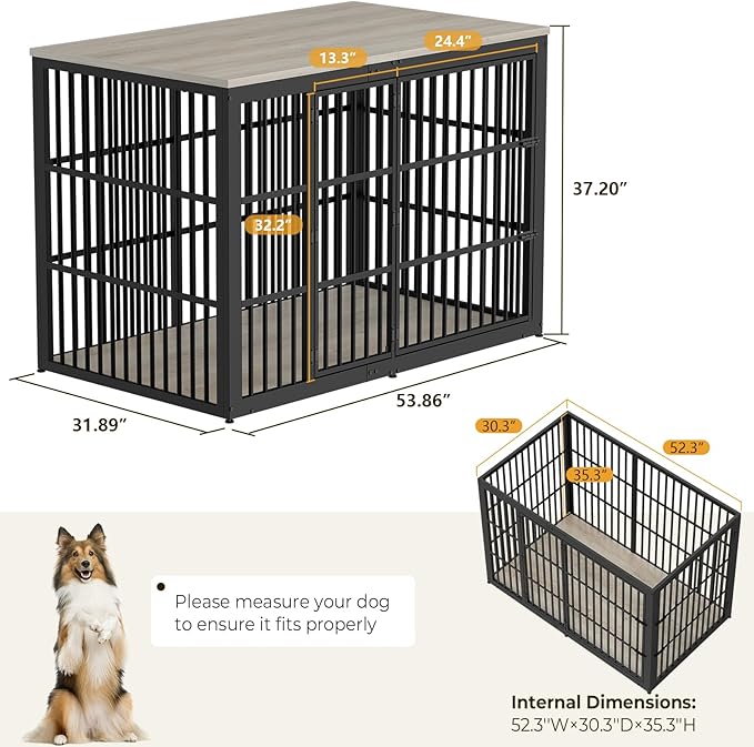 Lyromix 54" Dog Crate Furniture with Foldable Door, XXL Dog Crates for Large Dogs, Wooden Decorative Dog Cage Kennel Indoor End Table, Grey