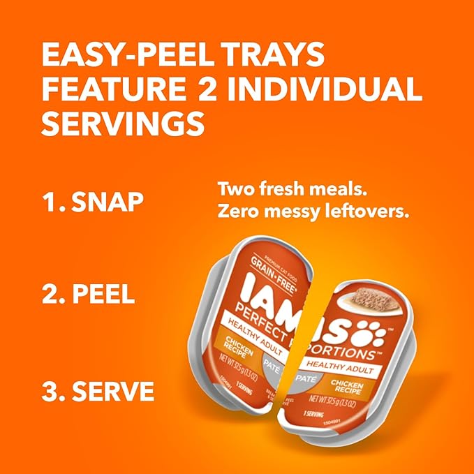 IAMS Perfect Portions Healthy Adult Grain Free Wet Cat Food Pate, Chicken Recipe, 2.6 oz. Easy Peel Twin-Pack Trays (24 Count, 48 Servings)