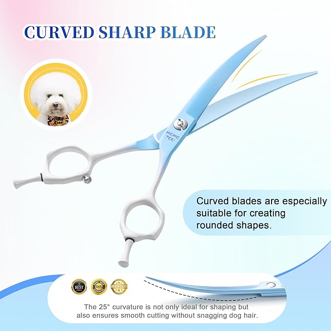Curved Dog Grooming Scissors Blue to White Gradient 440C Stainless Steel Pet Grooming Shears Sharp Durable Dog Shears for Professional or Home Use Ergonomic Handle with 2 Silicone Finger Rings