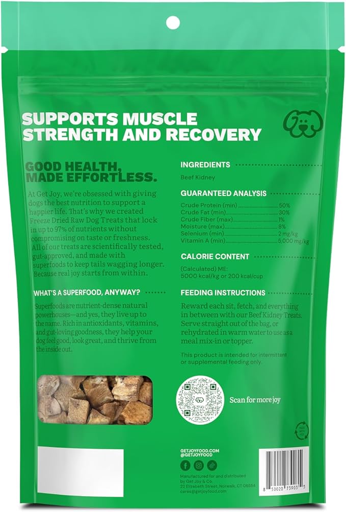 Get Joy Freeze Dried 100% Beef Kidney Dog Treats, 4oz | Single Ingredient Organ Meat, High Protein Raw Dog Food Topper, Snack & Training Rewards | Grain Free, Gluten Free, Filler Free
