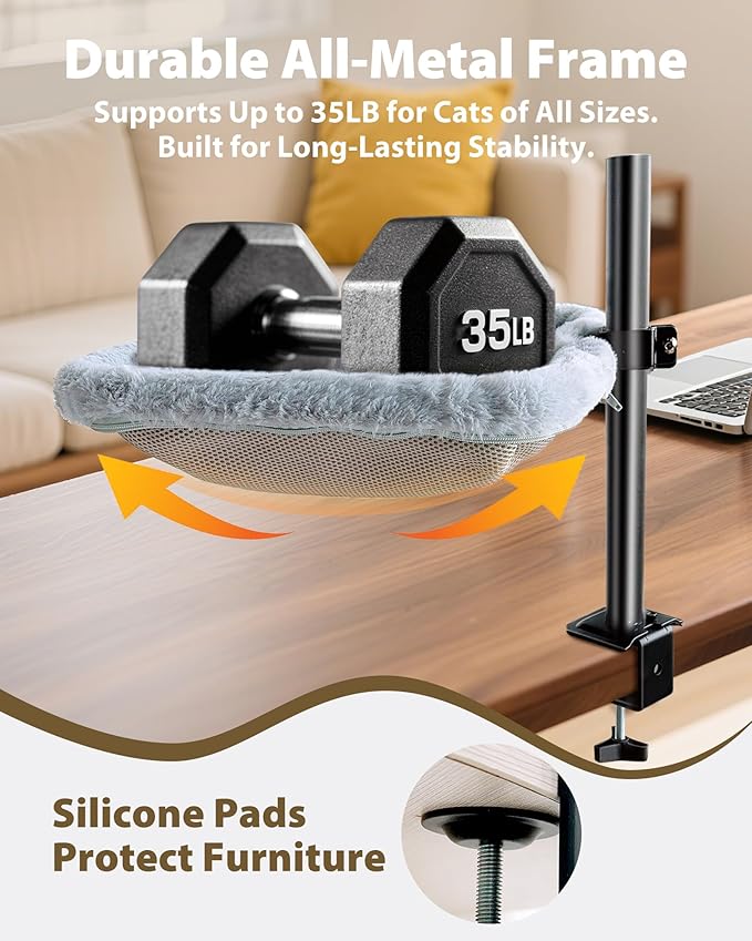 L&W BROS. Cat Desk Bed – Adjustable Desk Cat Hammock with 360° Rotating Arm, Dual-Sided Washable Cover, 35LB Capacity, 17"x14", Metal Frame