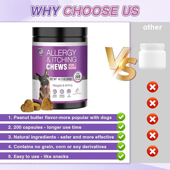 Dog Allergy Chews - Dog Allergy and Itching Skin Relief Anti Itch Aller Immune Bites for Dogs licking Paws Relief Itchy Chew Probiotics Vitamins for Skin and Coat Allergies - (Peanut Butter, 200 Ct)