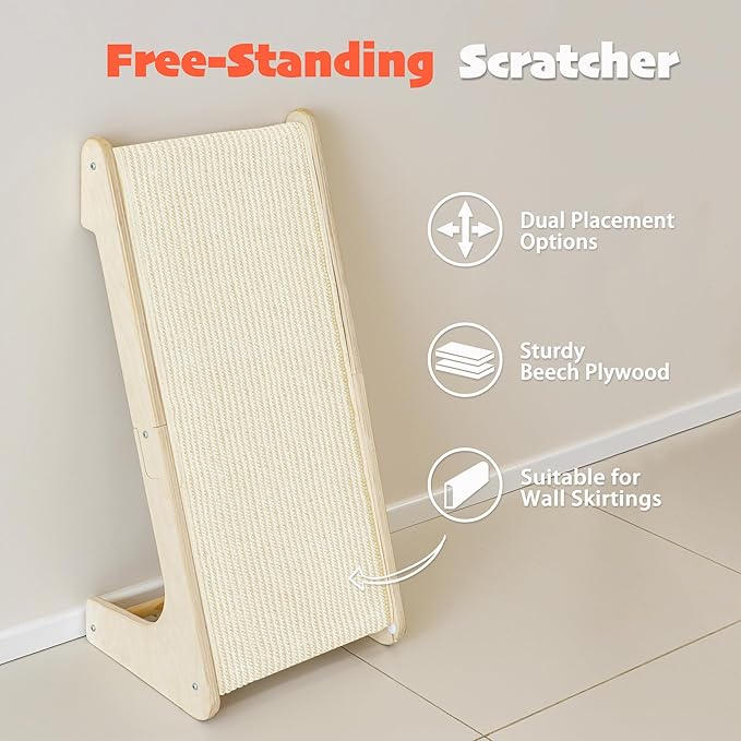 PETKARAY L Shape Cat Scratcher, Sisal Kitty Scratching Ramp, Vertical Scratch Pad for Indoor Cats, 25.3" Furniture Protector with Catnip, White