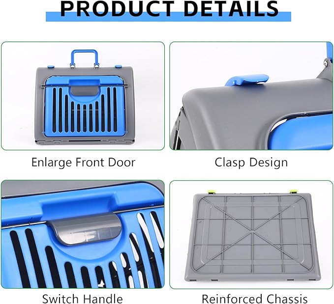 Foldable Travel Cat Carrier, Small Cat Carrier Hard Up to 25lbs, 18" Lx14.5 Wx14 H Front Open Type Plastic Cat Carriers, Blue
