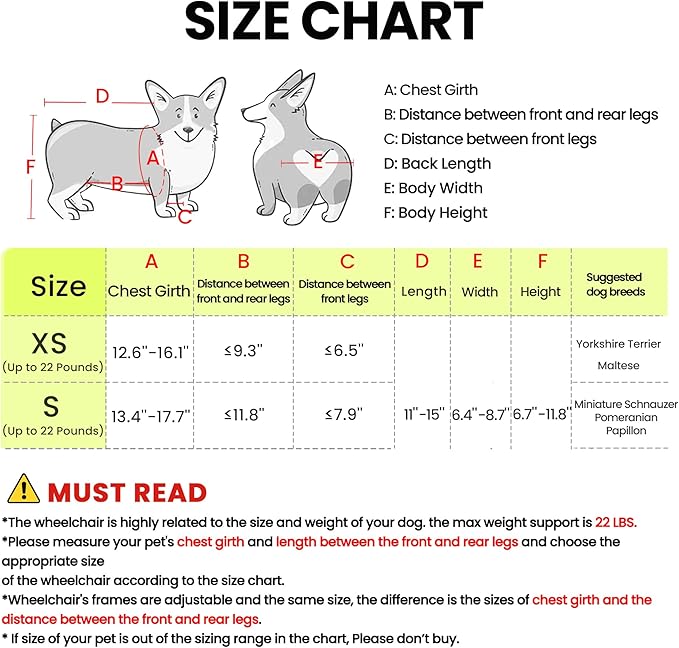 4 Wheels Dog Wheelchair for Front/Hind Legs - Mobility Aid for Small Dogs with Paralyzed, Injured, Post-Surgery or Senior Pets to Reclaim Mobility（4Wheels-S, for Small Breed Dog）
