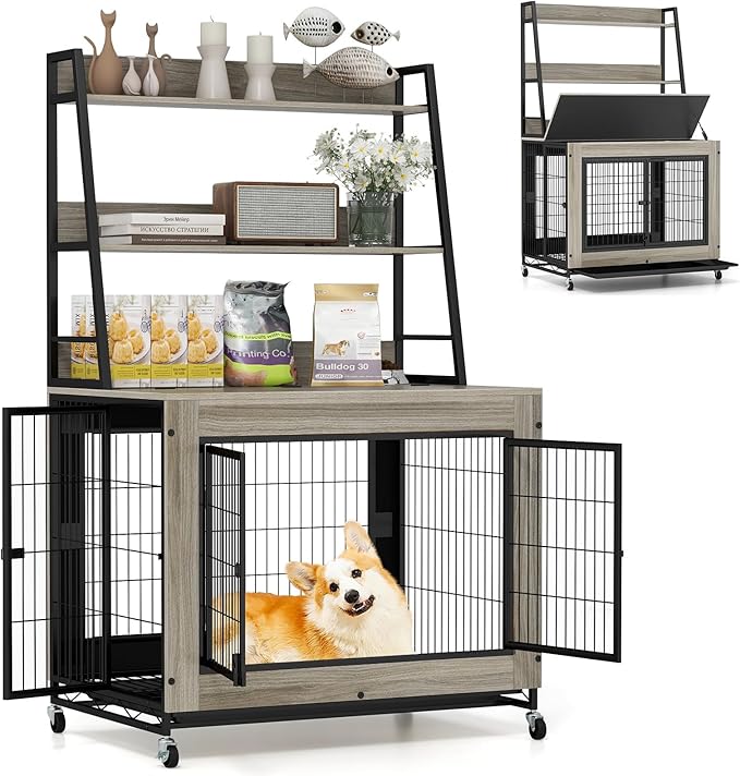 Giantex Dog Crate Furniture with Storage Shelves, 38" Furniture Style Indoor Dog Kennel on Wheels, 3 Doors, Flip Top Lid, Removable Pull-Out Tray, Dog Cage Pet House for Large Dogs, Oak Gray