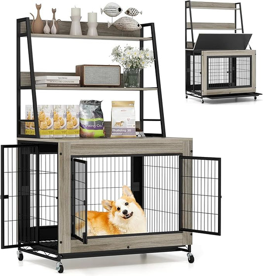 Giantex Dog Crate Furniture with Storage Shelves, 38" Furniture Style Indoor Dog Kennel on Wheels, 3 Doors, Flip Top Lid, Removable Pull-Out Tray, Dog Cage Pet House for Large Dogs, Oak Gray