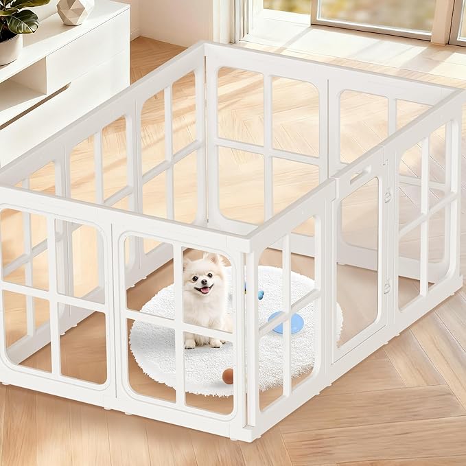 Acrylic Dog Playpen Indoor, 24" H Plastic Pet Playpen with Door, Clear Pet Play Pen for Puppy Cat Rabbit Ferret, Easy Assemble Dog Pen, Preferable for Small Cage, White 10 PCS
