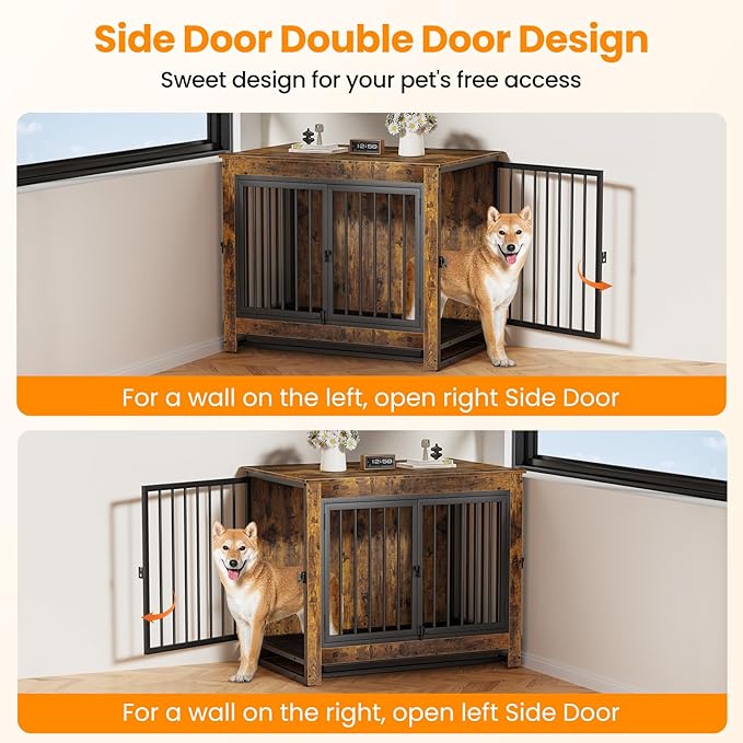 Dog Crate Furniture, Dog Crate End Table for Medium and Large Dogs,Wooden Cage Kennel Furniture Indoor, Modern Dog Crate with Multi-Purpose Removable Tray, Double-Doors Dog Furniture
