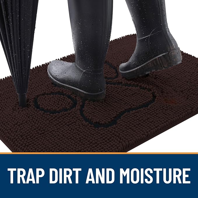 OLANLY Dog Door Mat for Muddy Paws 36x24, Paw Print Design, Absorbs Moisture and Dirt, Absorbent Non-Slip Washable Doormat, Quick Dry Chenille Mud Mat, Entry Indoor Entryway Carpet, Brown and Black