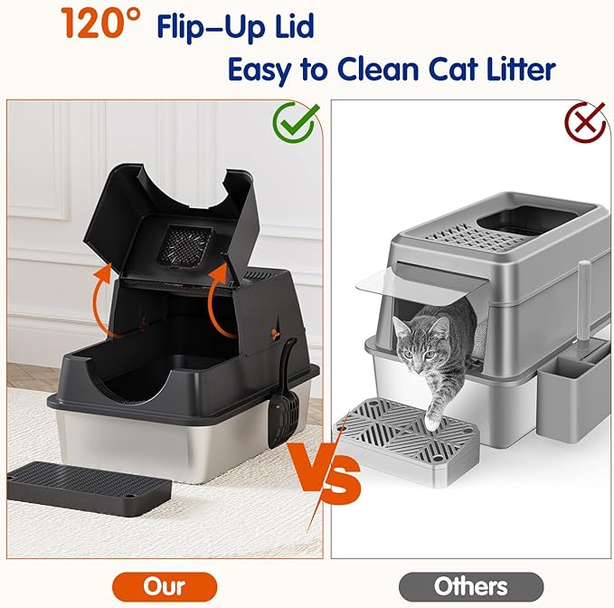 Front & Top Entry Stainless Steel Litter Box with Lid,Cat Litter Box Enclosure,Extra Large Enclosed,Non-Sticky Metal Pan,Anti-Leakage,Odor Control,Easy Clean,Covered for Indoor Cats,Includes Scoop Set