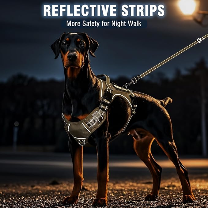 Tactical Dog Harness and Leash Set for Large Dogs,Heavy Duty No Pull Service Dog Vest and 10 Patches with Dog Seat Belt,Reflective Adjustable Pet Harness for Training Walking Hiking Brown L