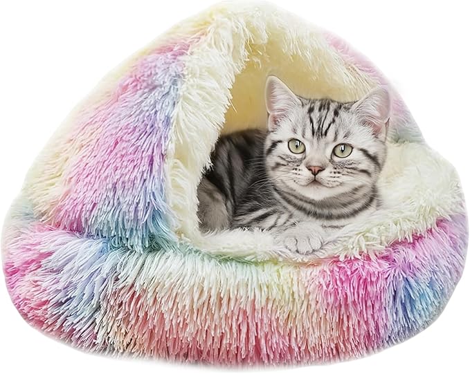 ShinHye Cat Bed Round Plush Fluffy Hooded Cat Bed Cave, Cozy for Indoor Cats or Small Dog beds, Soothing Pet Beds Doughnut Calm Anti-nxiety Dog Bed - Waterproof Bottom Washable (20×20inch, Multicolor)