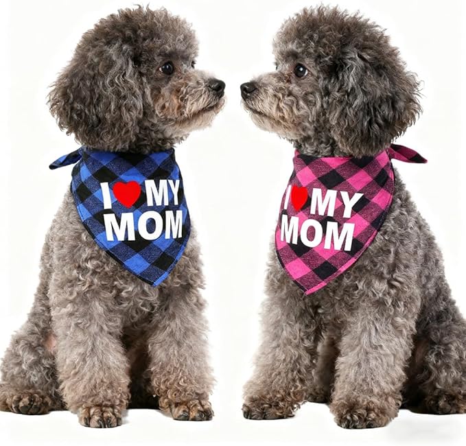 GreenJoy Cute Plaid Dog Bandana – Washable Pet Triangle Scarf for Small, Medium, Large Dogs and Cats, Adjustable Pet Accessory for Birthday, Wedding and Christmas (Pink (I Love My Mom), Medium)