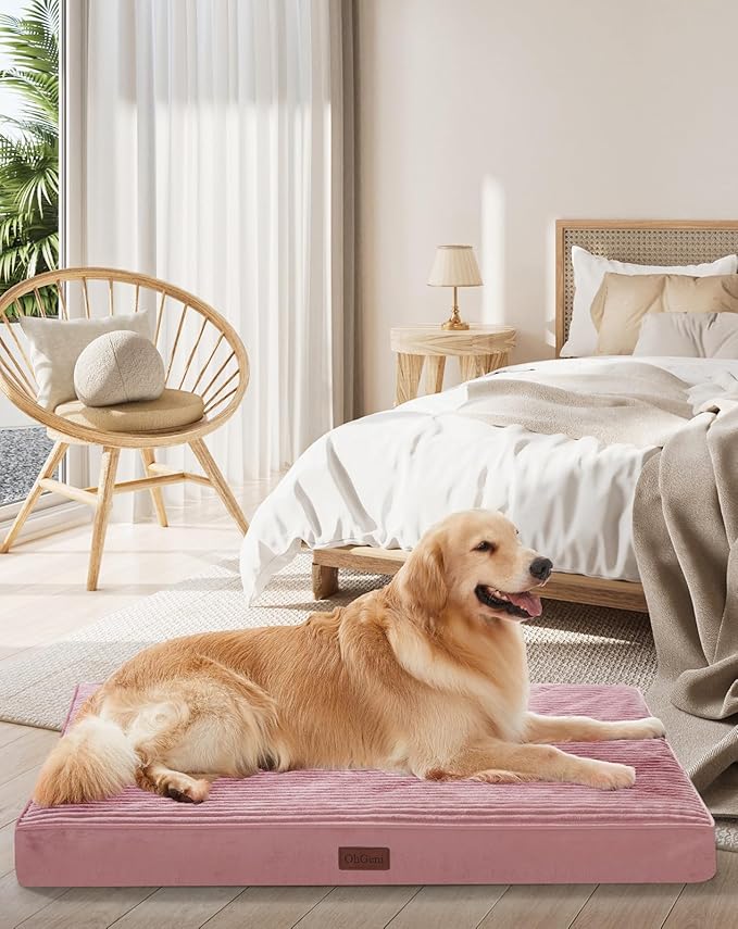 OhGeni Orthopedic Waterproof & Machine Washable Dog Bed for Medium Large Pets, Cat Mat with 25D Egg Crate Foam, Non-Slip Bottom & Removable Cover, 44 Inches(Pink)