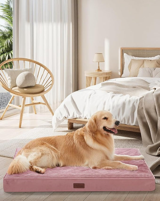 OhGeni Orthopedic Waterproof & Machine Washable Dog Bed for Medium Large Pets, Cat Mat with 25D Egg Crate Foam, Non-Slip Bottom & Removable Cover, 44 Inches(Pink)