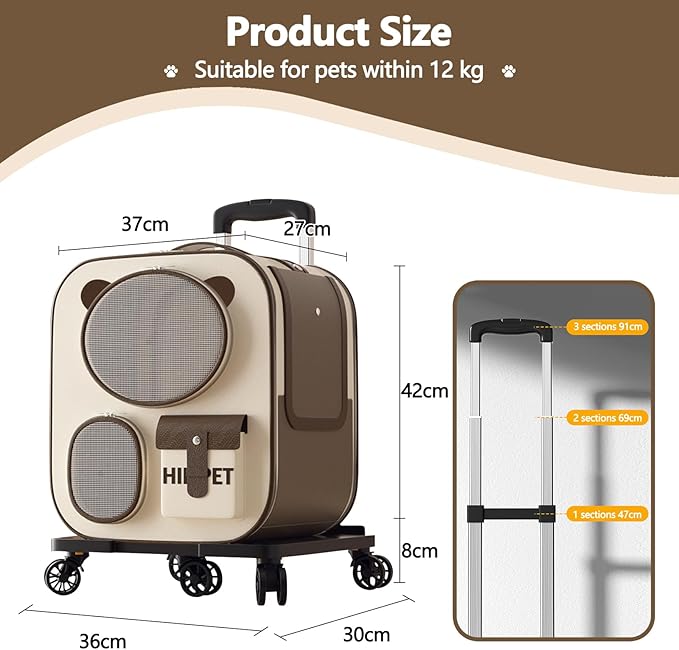 Pet Backpack with Wheels, Comfort Cat Backpack Removable Rolling Wheels, Pet Rolling Carrier, Dog Backpack Great for Travel/Hiking/Outdoor Use(Brown)